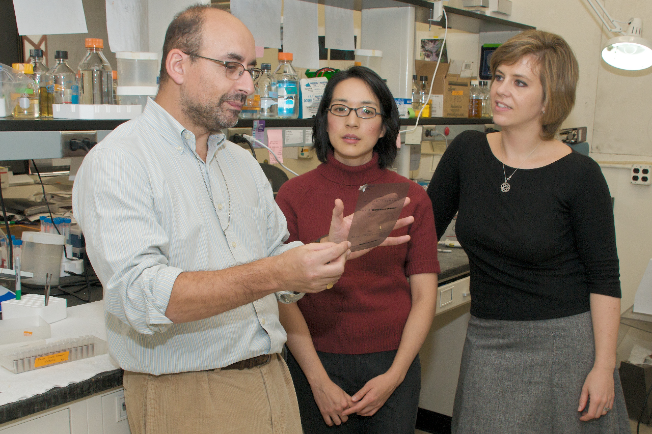 Professors Maria Binz-Scharf, right, and Leslie Paik, listen as Dean Avrom Caplan discusses his research.