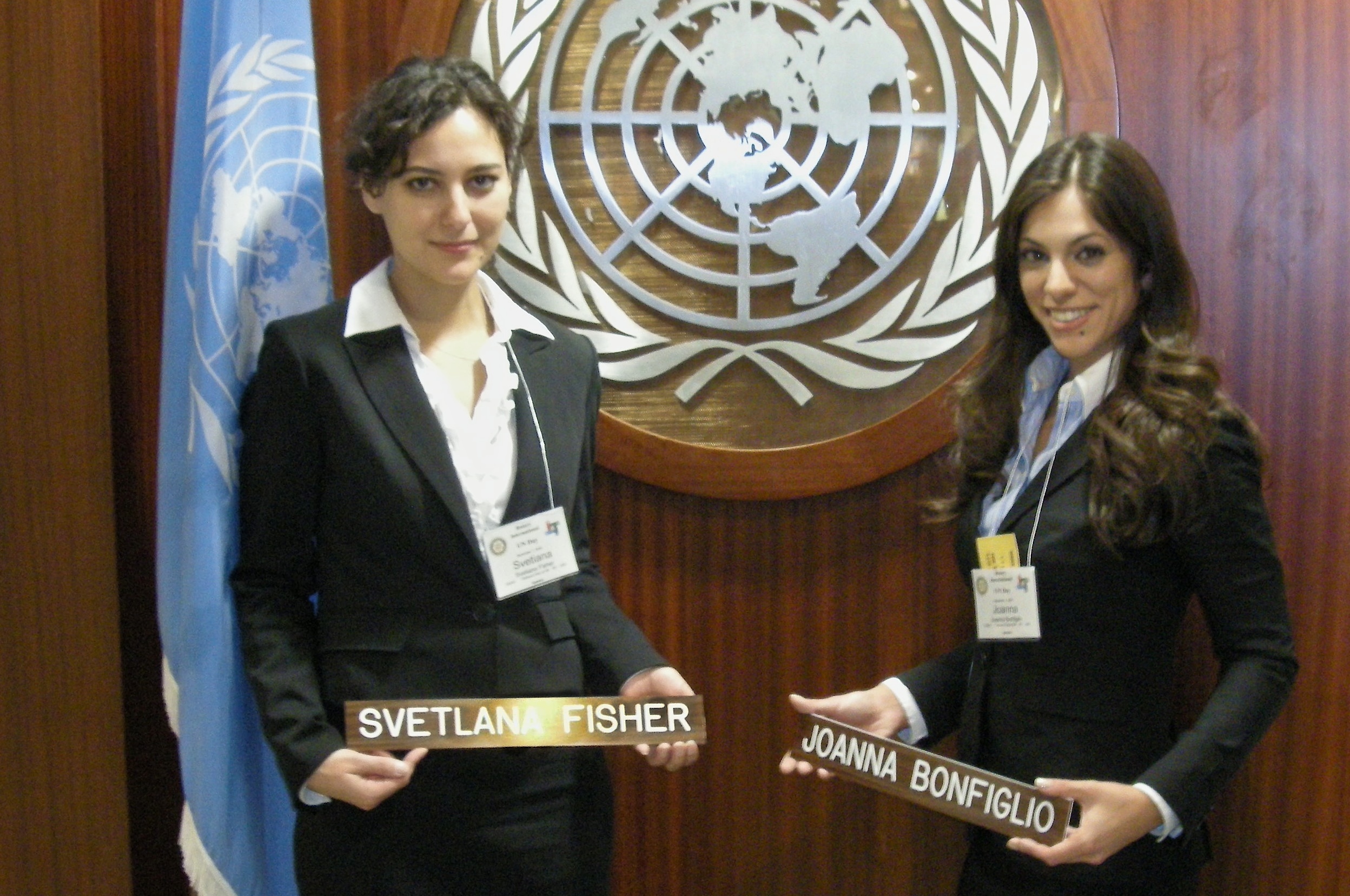 Svetlana Fisher, left, and Joanna Bonfiglio with CCNY Engineers Without Borders delivered a presentation on the group's Honduran water projects at a Rotary International panel on water issues held at the United Nations.