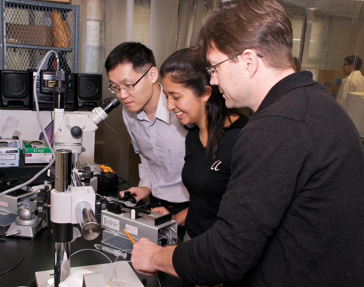 Professor Jeffrey Morris (right) with Professor Taehun Lee and graduate student Lus Amaya