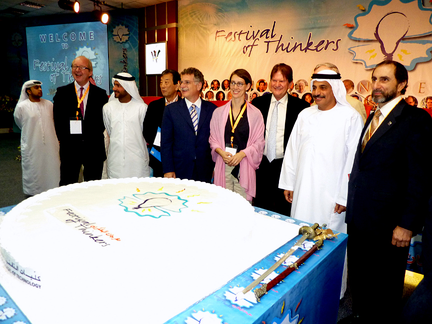 Professor Lou Marinoff, right, at celebratory event during Festival of Thinkers held November 2009 at the Higher Colleges of Technology in Abu Dhabi.  He is standing next to Dr. Tayeb Kamali, Vice Chancellor of the institution.