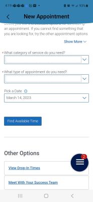 Appointment Screen Showing Drop-In Times Option