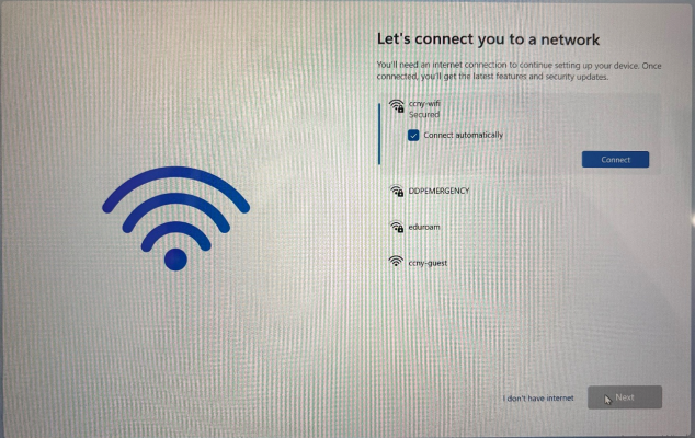 Select ccny-wifi > enter CCNY login credentials > Connect > Next