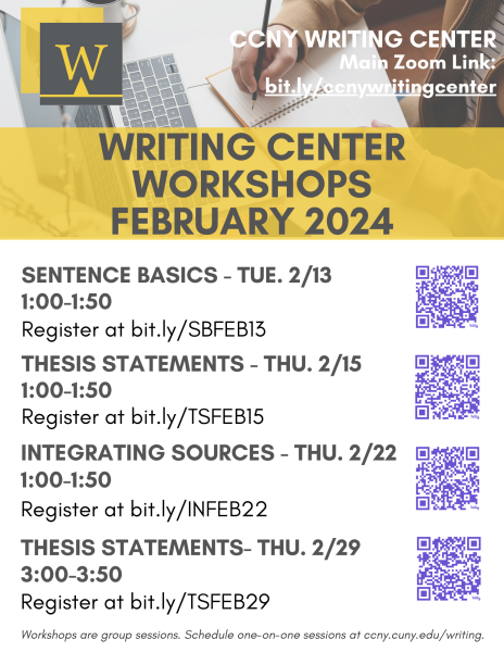 A flyer depicting a list of four workshops in February, including dates, times, and QR codes to the right.