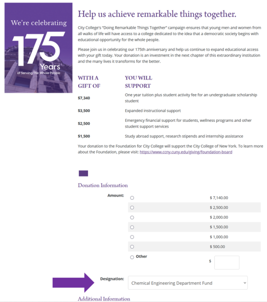 image of giving page with designation selected as Chemical Engineering Department Fund