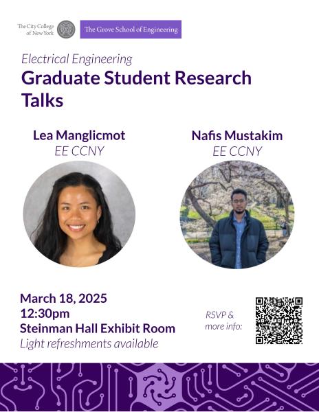 Flyer displaying photo of Lea Manglicmot and Nafis Mustakim with talk details