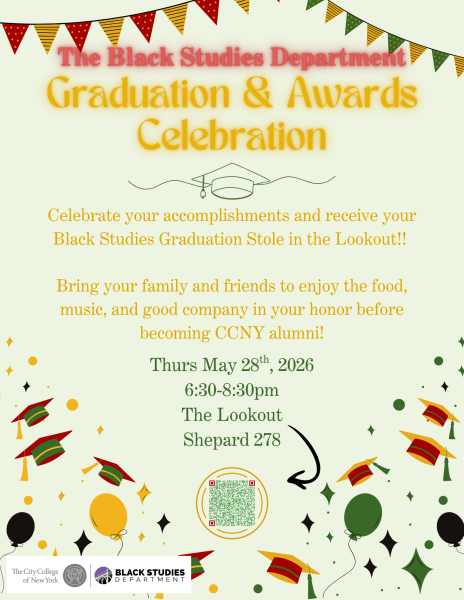 Festive Green, Yellow, and Red Multi-colored Flyer with Ribbons and Balloons announcing The Black Studies Department 2026 Graduation Celebration