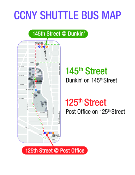 Map showing route of CCNY Shuttle going from Dunkin on 145th street to the Post Office on 125th street
