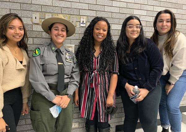 The five science learning and public engagement career panelists standing together at CCNY. (From left to right: Mariza Dannang, Adriana Caminero, Malika Khalsa, Jaileen Jaquez, Artiola Islami) 