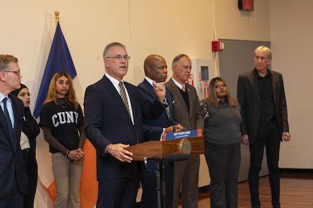 CCNY President Vincent Boudreau (center) at College Choice press conference. From left: Commissioner Dannhauser, College Choice students, Mayor Adams, CUNY Chancellor Matos Rodríguez and CCNY College Choice student Sanjida Afruz