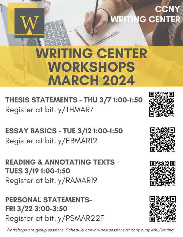 Flyer depicting a list of Writing Center workshops held on Zoom during the month of March 2024.