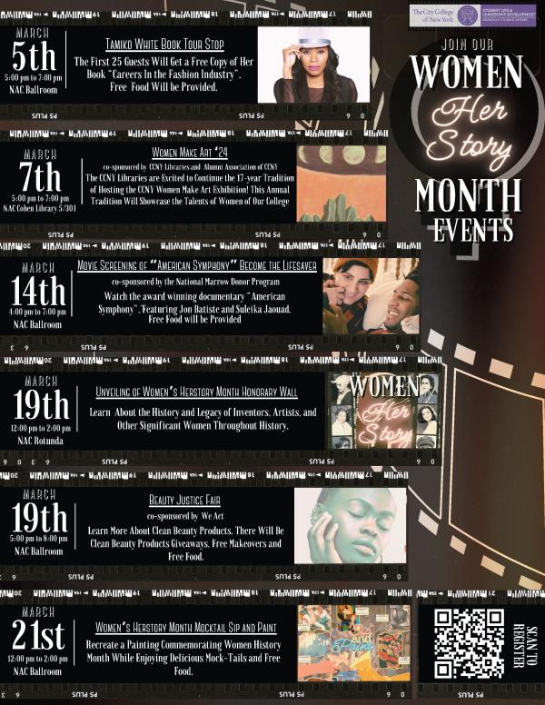 List of Women's History Month Events from the Office of Student Life and Leadership Development.