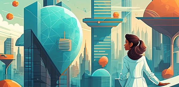 Artistic rendering of an aspiring researcher looking out at a futuristic scientific city