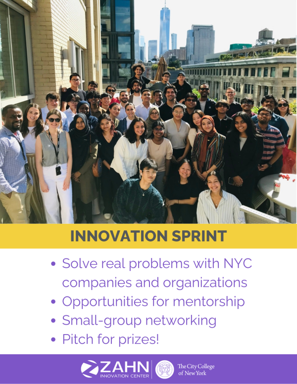 Innovation Sprint Promotional Images, includes a group of students celebrating their participants