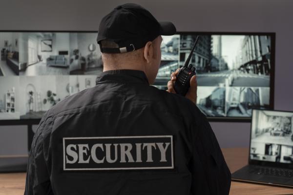 Security guard monitoring cameras