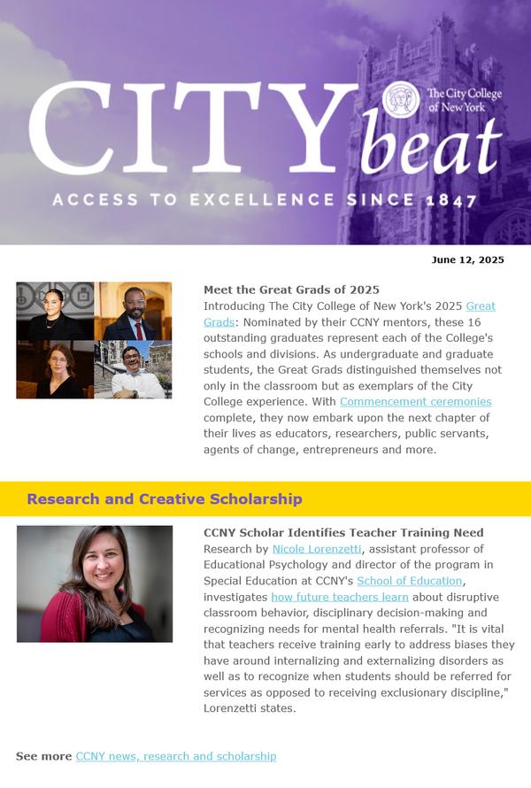 Sample content from 061225 City Beat. Images: Lavender-shaded Shepard Hall tower, GIF of 2025 Great Grads' faces, School of Education Professor Nicole Lorenzetti