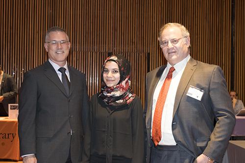 Interim President Vincent Boudreau, S Jay Levy Fellow Layana Abu Touq and David Levy