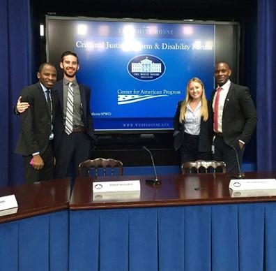 Abubakar Usman (far left) and Asshur Cunningham (far right) helped coordinate a White House briefing on criminal justice and disability reform.