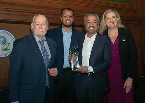 Sanjoy Banerjee, Distinguished Professor of Chemical Engineering at CCNY, holds the Green Chemistry Challenge Academic Award presented to him by the U.S. Environmental Protection Agency
