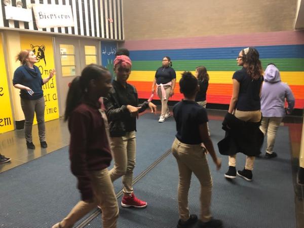 PS 161 students rehearsing for High School Musical Jr.