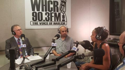 CCNY President Vince Boudreau recording an episode of From City to the World on WHCR 90.3 FM with three guests