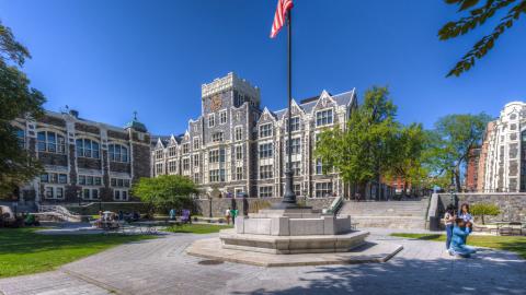 Harris Hall and Beaver Plaza with Flag