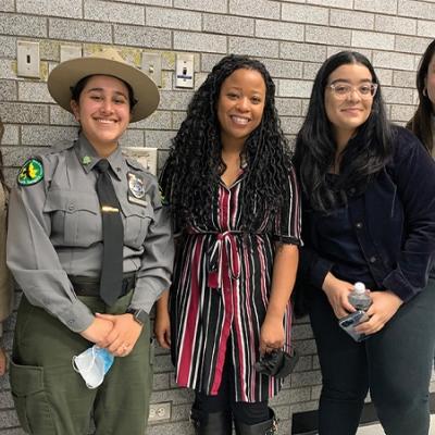 The five science learning and public engagement career panelists standing together at CCNY. (From left to right: Mariza Dannang, Adriana Caminero, Malika Khalsa, Jaileen Jaquez, Artiola Islami) 