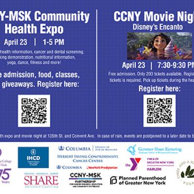 CCNY-MSK Community Health Expo on April 23 followed by CCNY's Movie Night "Disney's Encanto."