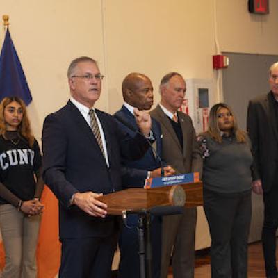 CCNY President Vincent Boudreau (center) at College Choice press conference. From left: Commissioner Dannhauser, College Choice students, Mayor Adams, CUNY Chancellor Matos Rodríguez and CCNY College Choice student Sanjida Afruz