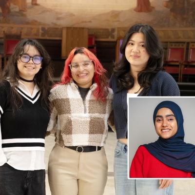Gilman 2026 Scholars _ From left: Mariela Roa, Heaven Tejeda, Susan Lin and [insert Zuha Khan].