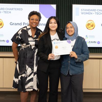 From left: Kesia Hudson and 2026 WiT Incubator grand prize winners My AnhPhan  and Madina Monowara.