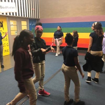 PS 161 students rehearsing for High School Musical Jr. 