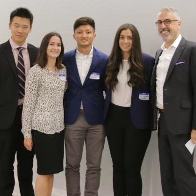 Team MenoPal (from left) Bo Guan, Chaya Edelman, Mican Meneses and Cira Cardaci with fellow CCNY alum and Nestle SHIELD senior medical director and head of medical innovation Dr. Warren Winkelman.
