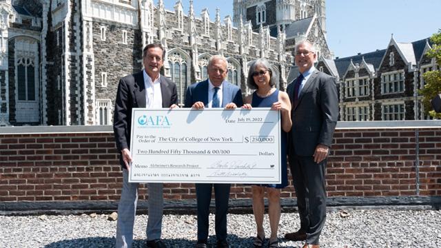 From left, Charles J. Fuschillo, Jr., AFA President & CEO; Bert E. Brodsky, AFA Founder & Board Chair; Dr. Christine Li, Principal Investigator and CCNY professor; and Dr. Vincent Boudreau, CCNY President.