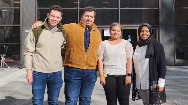 Members of the victorious CCNY Grove School team that placed first in the US and Canada at the global CSAW games at NYU. From left: Facundo Aguirre, Mohammad Walid Charrwi, Vedika Saravanan, and faculty advisor Prof. Samah Saeed.