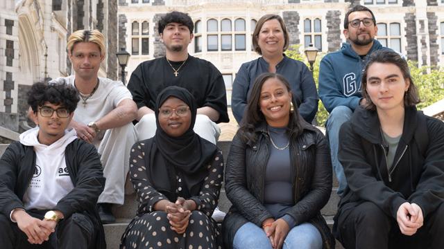 CCNY’s 2023 Mellon Mays cohort. From left (back row): Devin Chand Mehra, Michael Navas, CCNY Mellon Mays Program Director Isabel Estrada; and Allan Romero. Front row from left: Ridwan Rahman, Ramatoulaye Diarra, Kiara Severino and Sachem Torres.
