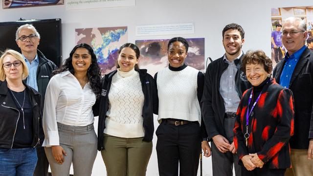 ABRCMS winners with CCNY senior leadership. From left: Science Dean Susan Perkins, Provost Tony Liss, Amy Thomas, Cayla Cruz, Ginika Agwu, Steven Shafeek, Deputy Dean of Science for Undergraduates Millicent Roth, and CCNY President Vince Boudreau.