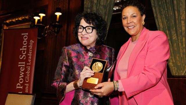 U.S. Supreme Court Justice Sonia Sotomayor receives the 2025 Colin L. Powell Distinguished Leadership Award from Colin Powell School for Civic and Global Leadership Board of Visitors Chair Linda Powell.